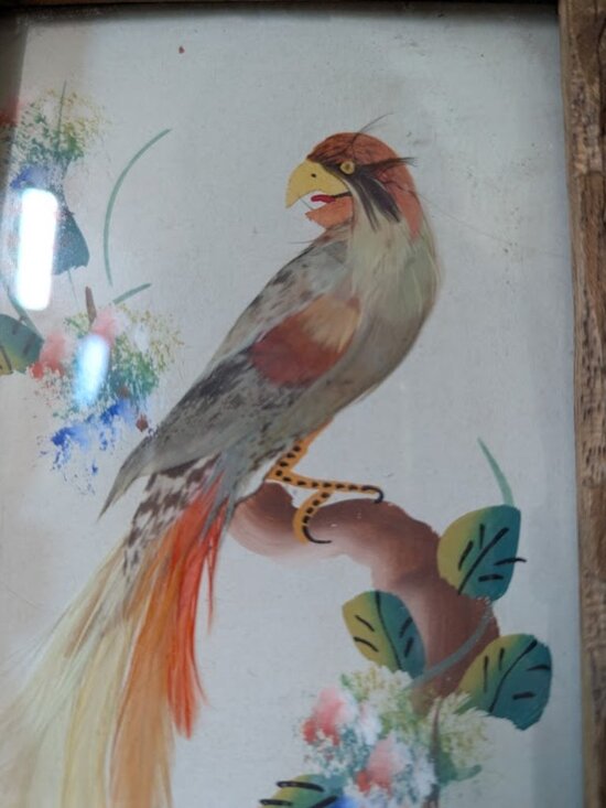 Vintage Bird Painting with Feather Embellishment - Picture 3 of 7